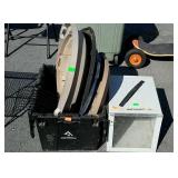 Group lot, includes tote with trash can lids, and