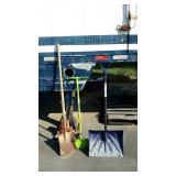 Long handled tool lot, includes snow shovel,