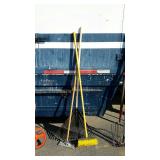 Long handled tool lot, includes rake, and broom