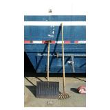 Long handled tool lot, includes rake and snow