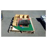 Skid lot, includes wooden shelves, small sign and