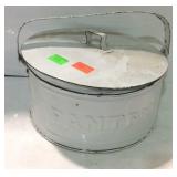 Enameled handled tin with lid, embossed "Pantry"
