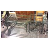 Two pc. Glass top end coffee table set, metal leg