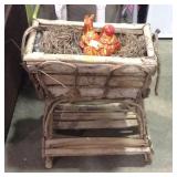 Wooden rustic decor plant stand with hen laying