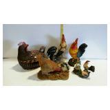 Rooster polystone figurines and covered basket