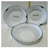 Enameled reticulated bowl & two "Strawberries"