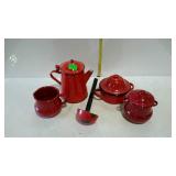 Red enameled coffee pot, ladle, creamer, sugar, &