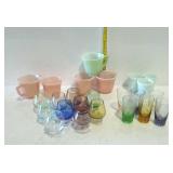 Colored glassware- set of six etched shot glasses,