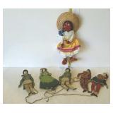 Puppets- one marionette, and five pull string type