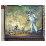 Painting on canvas - clown scene, framed - 17 x 15