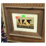 Print, "American Folk Art" cow scene, framed -