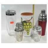 Barware- four cocktail shakers and one terra-cotta