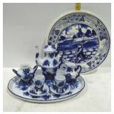 Delft plate, and miniature tea service
