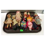 Dolls - lot of seven, wooden & cloth and two cloth