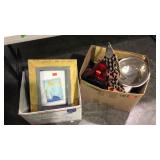 Two box lots with frames, plated bowl, glassware