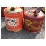 Two metal gas cans, 5 gallon safety can, and 5