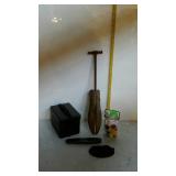 Misc - shoe stretcher, tin cookie cutter, jar of