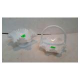 Two white Fenton glass bowls. One basket style,