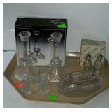 Glassware, candle holders, salt and pepper