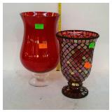 Glass group, red glass and clear vase, 12" and