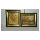 Two framed prints - one floral, and one homestead