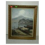 Framed Art Work, oil on board of sea harbor