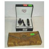 Leather clutch and Robert Hugo watch and knife