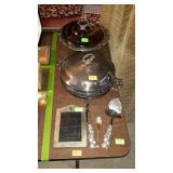 Silver plate items, two covered dishes, picture