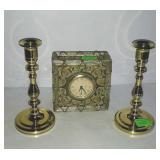Home decor, two brass candle sticks and a clock