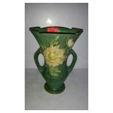 Roseville Flower Vase, double handled green color