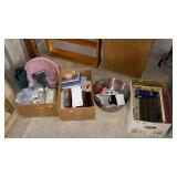 Box lot group, old hardback books, stainless bowl