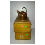 Two wooden wine bottle boxes and copper tea
