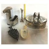 Misc - tin sewing box, cast iron trivet, spoon
