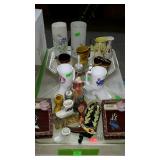 Two trays of boot figurines, vases etc