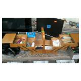 Cantilever sewing box, with supplies.