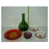 Glass group assorted colors,  decanter bottle,