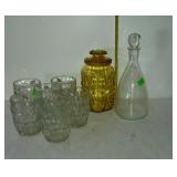 Glass group, six heavy glass mugs, a decanter and