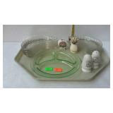 Tray lot of assorted glassware. Salt and pepper,