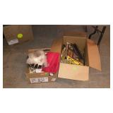Two boxes with train track, sewing supplies, etc