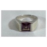 Sterling Silver Emerald Cut Amethyst Ring Size 8