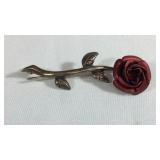 Sterling Silver Red Rose Pin/Brooch 3 Grams