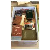 Box flat of books, pamphlets of sorts, plus light