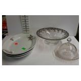 Glassware lot, includes covered dish, three