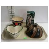 Tray lot, includes planter, painted brick, heart