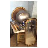 Misc group lot, wall mirror, exercise ball, gold