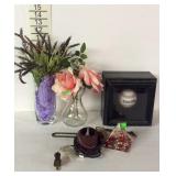 Misc trinket group, baseball in display box,