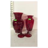 Red glassware, set of candle stick holders, 2