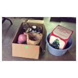 Misc lot, box lot, jars, basket, lamp parts,