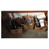 Three box lots with glassware, potato chip can,