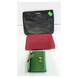 Estée Lauder clutch, green wallet, and Rebecca